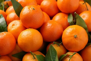 Delicious tangerines with leaves as background, closeup