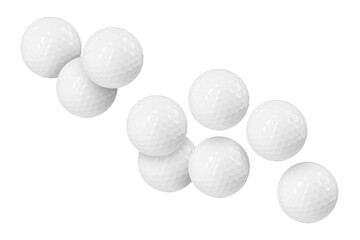Many golf balls flying on white background