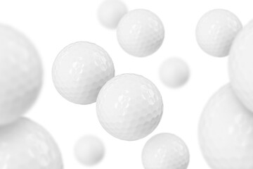 Many golf balls flying on white background