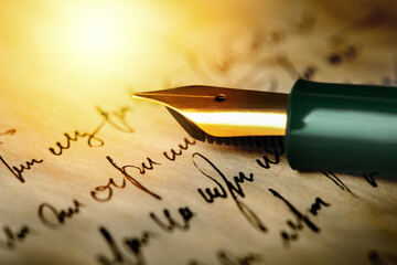 Fountain pen on handwritten letter, closeup view