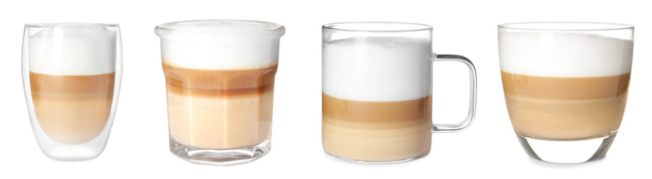 Delicious latte macchiato in different glasses on white background, set