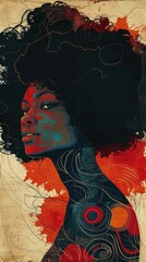 Illustration portrait of a black woman, Her hair is shoulder length. Tarot card. Vintage background. Neon colors. 