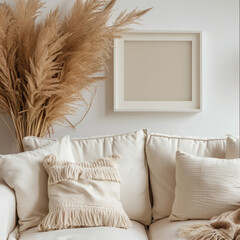 Close up mockup of a blank horizontal poster frame in a Scandinavian living room