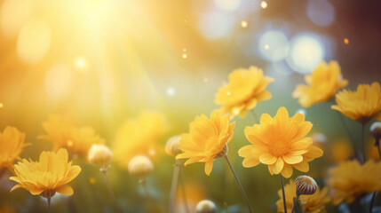 黄色い花のアップ、太陽の光に輝く植物の風景