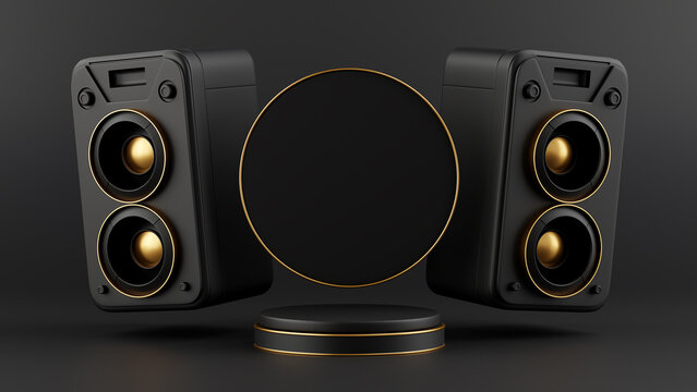 3D rendering of a black and gold circle podium showcase background stand with speaker for marketing. website banners or promotional sales.