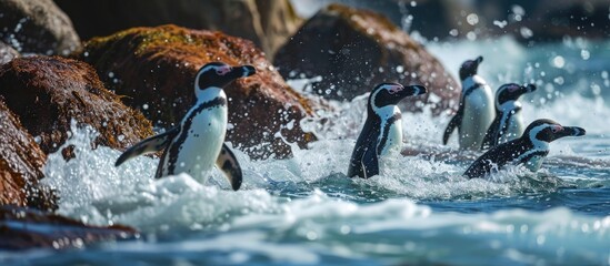 Adult Humboldt penguins engage in fishing. - obrazy, fototapety, plakaty