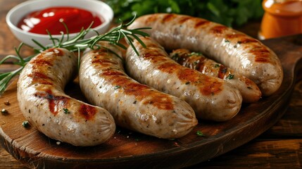 very delicious looking sausages are on a cooked wooden serving plate on a wooden table,ketchup  