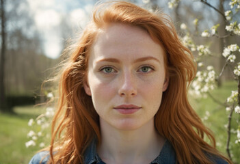 Frontal portrait of a girl with red hair in park at spring