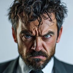 Perfect bearded man, portrait of an angry man with a grimace on his face - obrazy, fototapety, plakaty