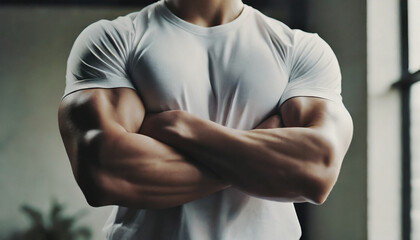 Man folding arms, white T-shirt, muscles, close-up - obrazy, fototapety, plakaty