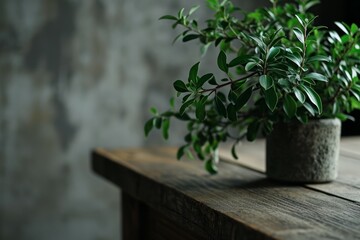 close up view of a green plant on top of a table, with concrete wall, minimal ambient, cinematography style...
