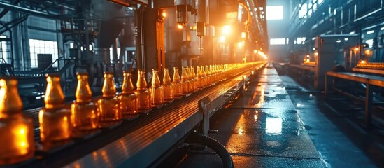 Glass factory with modern technology and robots producing glass containers, specifically party bottles for drinks, creating a technological work environment with available space.