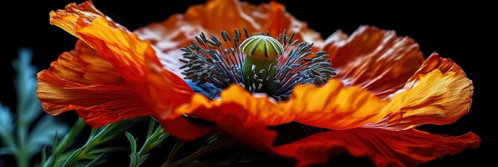 Beautiful Poppy Flower On Black Background, Background Image, Background For Banner, HD