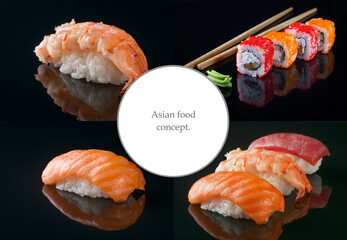 A variety of seafood dishes of Asian cuisine, a place for text. The concept of Asian cuisine