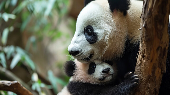 Baby Panda Clinging to Mother - Adorable Panda Family Bond, Cute Animal Scene, and Motherly Affection - Heartwarming Wildlife
