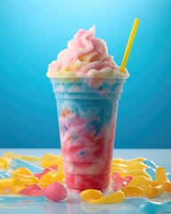 A delightful food shot showcasing a Slurpee that captures the playful spirit of a carnival. The drink is a whirlwind of cotton candy sweetness, with hints of tangy lemon and vibrant blue