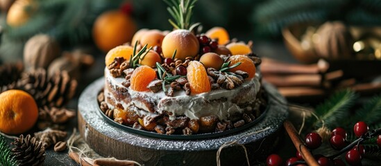 A beautifully adorned Christmas cake with rum-infused fruits, nuts, apricot, hazelnuts, and sugar. The backdrop includes mandarins, cinnamon, and rosemary.