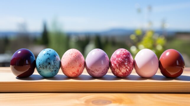 coloured eggs on wooden table with green field background at sunny day.