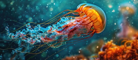 Jellyfish in water with tentacles, vibrant colors.