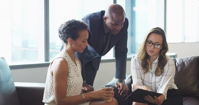 File, corporate people conversation and happy woman show legal contract, agreement or law firm paperwork to advocate. Group planning, teamwork and lawyer working on research plan development