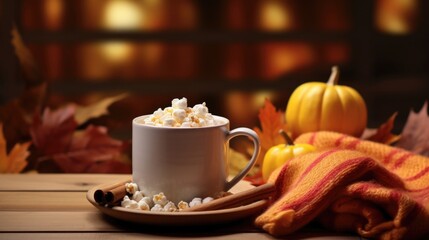 Obraz na płótnie Canvas An artful still life photograph depicting candy corn as an integral part of a cozy autumn scene. The warm colors of fallen leaves, rustic wooden elements, and a mug of steaming hot chocolate