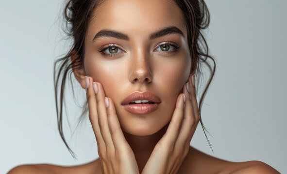 Beautiful girl touching her perfect skin, cosmetics beauty skincare salon advertisement 	
