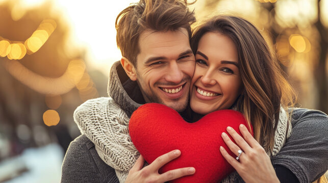 Happy couple holding big heart, valentine`s day love 