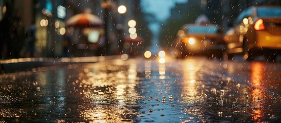 Rain falling on the street.