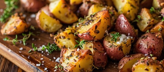 Roasted homemade red potatoes with herbs, salt, and pepper.