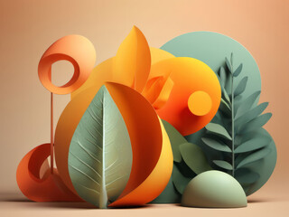 Bright Colored Abstract Shapes with Nature Shapes Leaves Orange Green