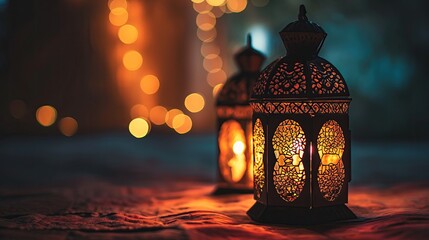 Arabic lantern with burning candle, glowing golden bokeh lights, islamic ramadan background