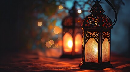 Arabic lantern with burning candle, glowing golden bokeh lights, islamic ramadan background - obrazy, fototapety, plakaty