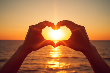 Hands Forming a Heart Shape Against Ocean Sunset