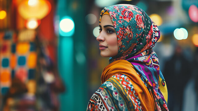 Muslim Brunette Woman Wearing Vibrant Hijab, Walking in City - Modest Fashion, Diversity, and Urban Lifestyle