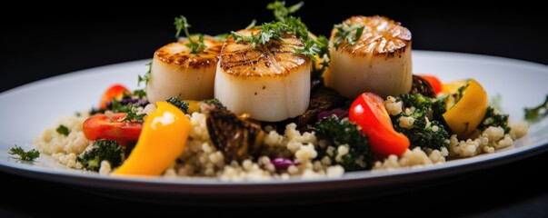 A tantalizing shot capturing the delicate and perfectly seared scallops, served atop a bed of herbed quinoa, complemented by a medley of roasted vegetables and drizzled with a fragrant lemoner