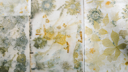 Fabric dyed with natural flower patterns. Textile artistry and crafts. High angle view and copy space. No people. 