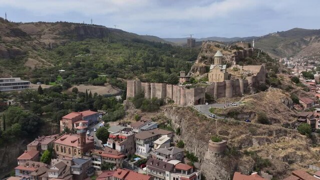 Flying Over The Historical Center Of Tbilisi And Narikala Fortress, Georgia