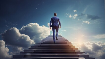 Fototapeta na wymiar businessman walking up on stairs between clouds