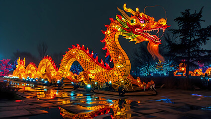 Dragons and lights are all lit up at night in the park