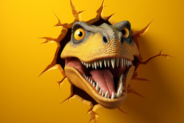 Cute T-Rex peeking out of a hole in the wall, torn hole, empty copy space frame, yellow background