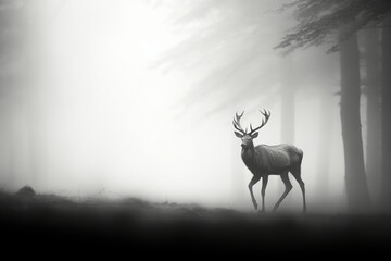 foggy black and white portrait of a deer about to run in the woods