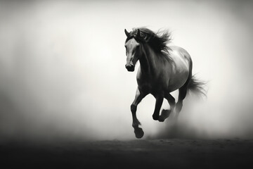 foggy black and white portrait of a running horse