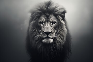 foggy black and white portrait of a lion