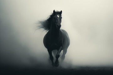 foggy black and white portrait of a running horse - obrazy, fototapety, plakaty