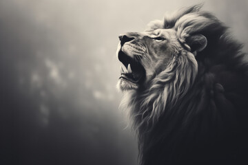 foggy black and white portrait of a lion roaring