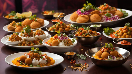 colorful Indian chaat delicacies, set against the backdrop of a stylish restaurant table - obrazy, fototapety, plakaty