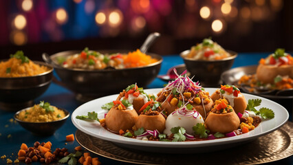 colorful Indian chaat delicacies, set against the backdrop of a stylish restaurant table - obrazy, fototapety, plakaty