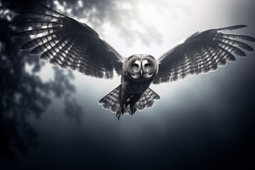 foggy monotone portrait of an owl in flight - obrazy, fototapety, plakaty