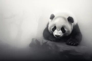 Foto op Plexiglas foggy black and white portrait of a panda resting on a rock © StockUp