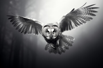 foggy black and white portrait of an owl in flight